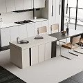 Modern Open Kitchen Interior With Stylish Bar Counter Marble Countertop Dining Table And Chairs