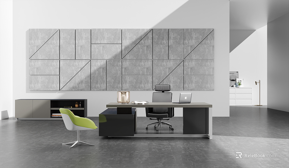 Modern Office Desk Setup With Laptop Gray Geometric Wall Green Accent Chair And Storage Cabinet 3d model 