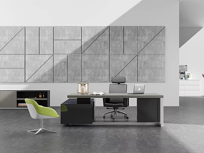 Modern Office Desk Setup With Laptop Gray Geometric Wall Green Accent Chair And Storage Cabinet 3d model