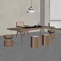 Modern Wooden Tea Table and Chairs with Metal Legs and Stools