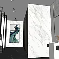 Modern Public Restroom Interior With Marble Walls Black Partitions Mirrors Washbasins And Decorative Painting