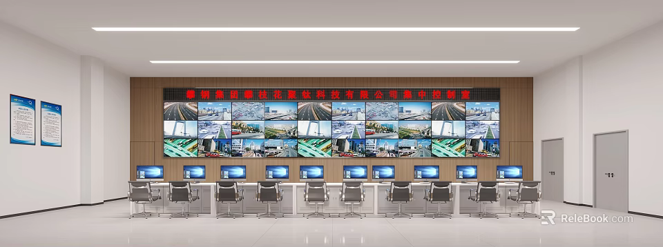 Modern Monitoring Room With Video Wall Multiple Monitors Control Console And Ergonomic Chairs 3d model 
