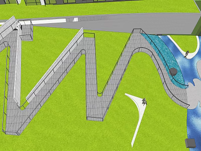 Winding Landscape Bridge With Modern Design Over Green Lawn And Water 3d model