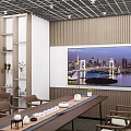 Modern Tea Room Interior With Long Table Chairs Graffiti Whiteboard And Cityscape Paintings