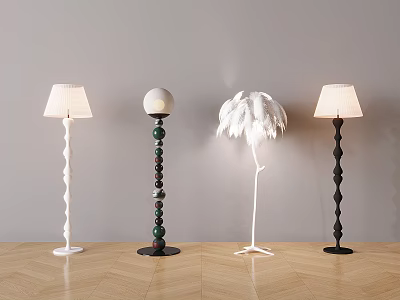 Four Stylish Floor Lamps In Light Gray Wall And Wooden Floor 3d model