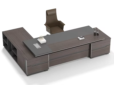 Modern Dark Wooden Office Desk With Telephone Documents Pen Holder Chair And Storage Drawers 3d model