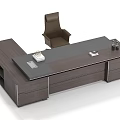Modern Dark Wooden Office Desk With Telephone Documents Pen Holder Chair And Storage Drawers