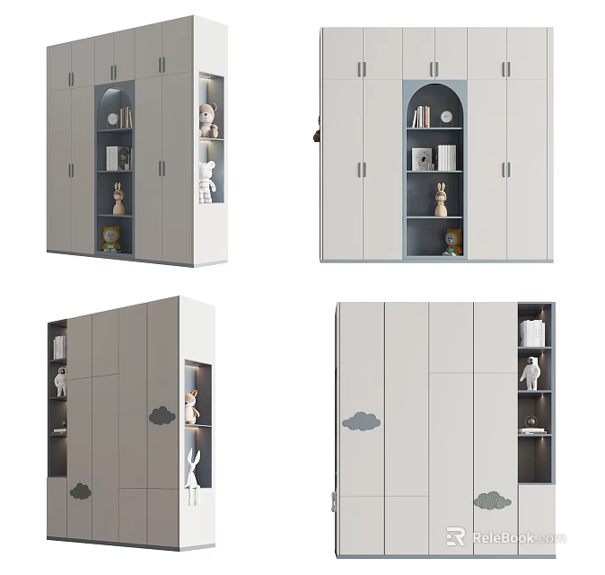 Modern Minimalist Wardrobe With Glass Door Panels Open Shelves And Cloud Decorative Motifs 3d model 