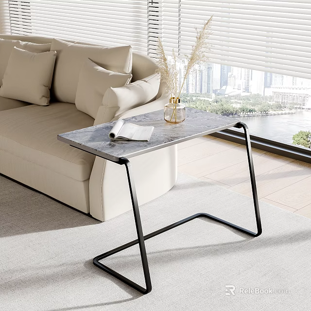 Modern Living Room Side Table with Marble Top and Black Metal Frame Featuring Vase 3d model 