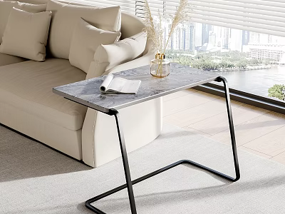 Modern Living Room Side Table with Marble Top and Black Metal Frame Featuring Vase 3d model