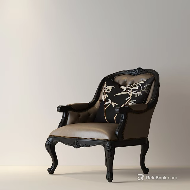 Classic Accent Chair With Black Carved Wooden Frame Beige Leather Seat And Bamboo Pattern Cushion 3d model 