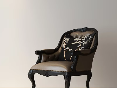 Classic Accent Chair With Black Carved Wooden Frame Beige Leather Seat And Bamboo Pattern Cushion 3d model