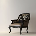 Classic Accent Chair With Black Carved Wooden Frame Beige Leather Seat And Bamboo Pattern Cushion