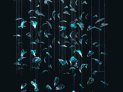 Hanging Blue And Green Leaf Shaped Chandelier Decorations On Black Background 3d model