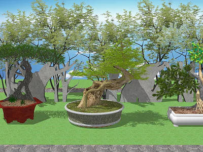 Bonsai Plants In Red White And Gray Patterned Pots On Green Grass With Surrounding Trees 3d model
