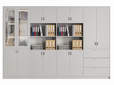 Modern Light Gray Bookcase with Glass Doors Open Compartments Organized Folders Books and Storage Drawers 3d model