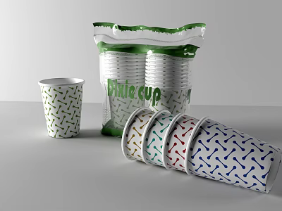 Frize Cup Paper Cups With Colorful Patterns Packaged In Transparent Bag And Scattered 3d model
