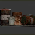 Rusty Oil Barrels And Metal Bucket As Improvised Weapon Display On Wooden Plank
