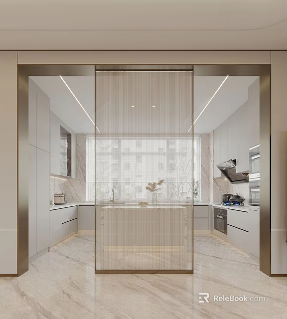 Modern Open Kitchen Interior With Marble Island White Cabinets And Lighting 3d model 