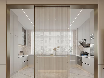 Modern Open Kitchen Interior With Marble Island White Cabinets And Lighting 3d model