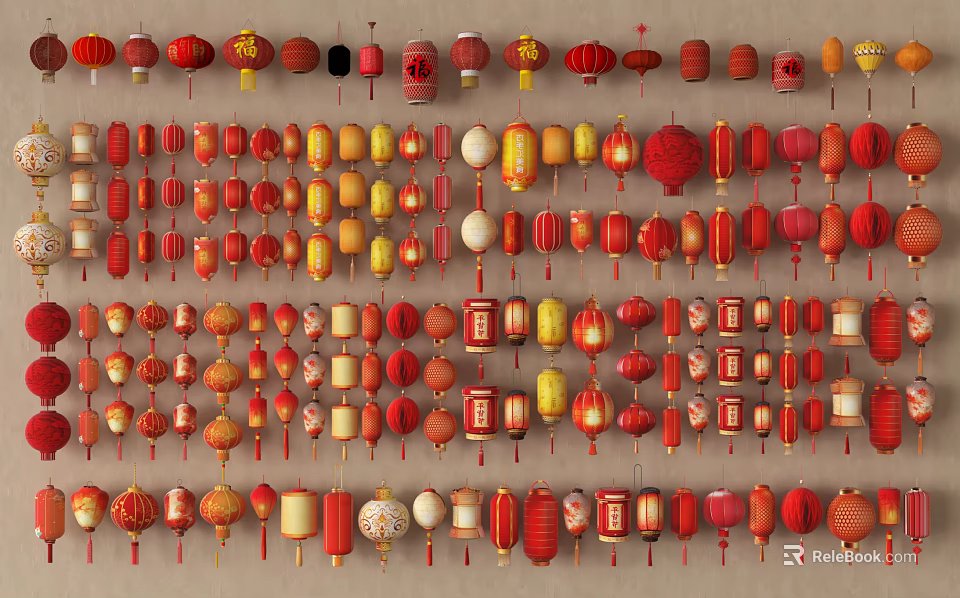 Vibrant Traditional Chinese Lanterns with Diverse Colors and Decorative Patterns 3d model 