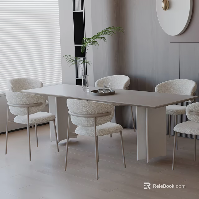 Modern Light Colored Dining Table Set With Chairs Vase Tray And Blinds 3d model 