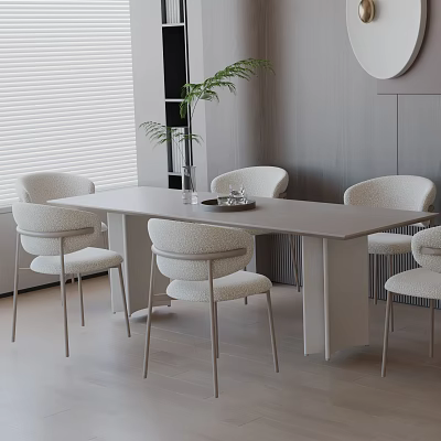 Modern Light Colored Dining Table Set With Chairs Vase Tray And Blinds 3d model