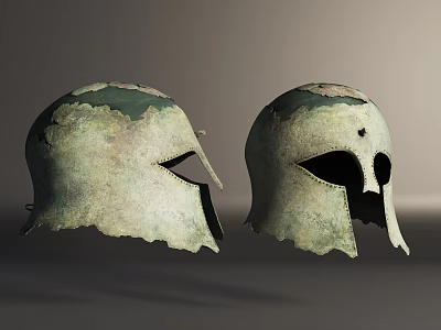 Two Ancient Weathered Bronze Helmets With Historical Patina And Classic Design 3d model