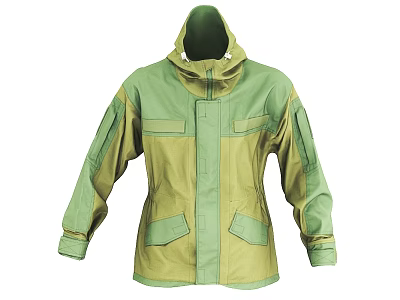 Hooded Green And Beige Color Block Jacket With Multiple Pockets And Zipper Design 3d model