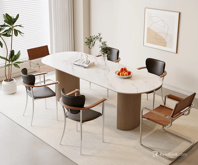 Round White Marble Dining Table Set with Brown Black Chairs Plants Artwork and Rug 3d model 