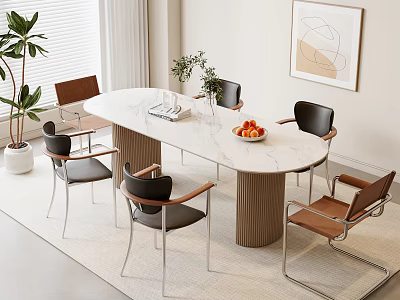 Round White Marble Dining Table Set with Brown Black Chairs Plants Artwork and Rug 3d model