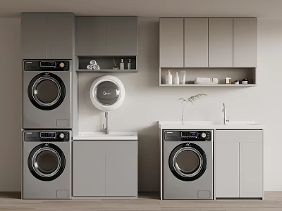 Modern Washing Machines In Laundry Room With Gray Cabinets Sink And Round Mirror 3d model