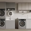 Modern Washing Machines In Laundry Room With Gray Cabinets Sink And Round Mirror