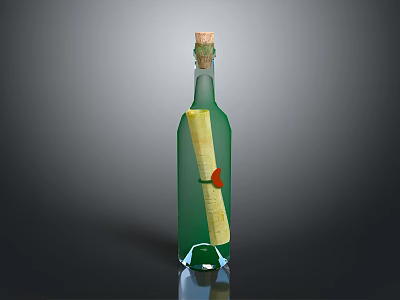 Green Glass Bottle With Cork Scroll And Red Decoration On Black Background 3d model