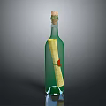Green Glass Bottle With Cork Scroll And Red Decoration On Black Background