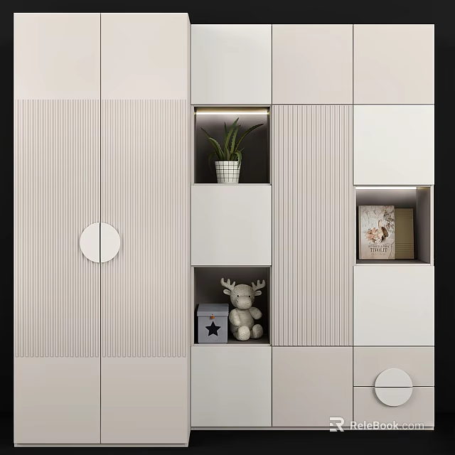 Modern Minimalist Wardrobe Interior With Striped Panels Open Shelves And Decorative Items 3d model 