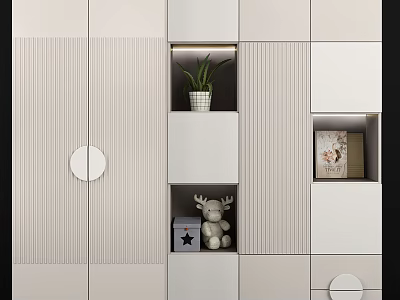Modern Minimalist Wardrobe Interior With Striped Panels Open Shelves And Decorative Items 3d model