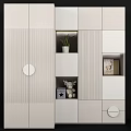 Modern Minimalist Wardrobe Interior With Striped Panels Open Shelves And Decorative Items