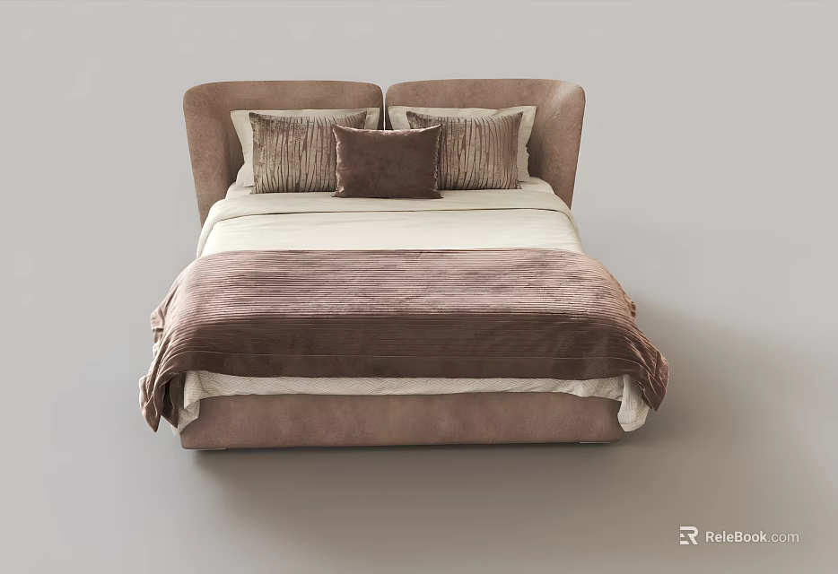 Modern Double Bed With Curved Headboard Neutral Tones Plush Blanket And Pillows 3d model 