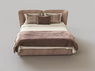 Modern Double Bed With Curved Headboard Neutral Tones Plush Blanket And Pillows 3d model