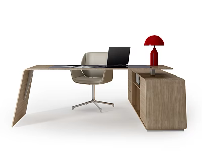 Wooden Office Desk with Modern Chair Laptop Red Table Lamp and Side Cabinet 3d model