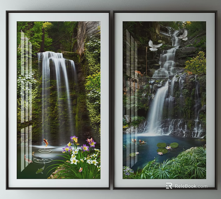 Scenic Landscape Painting With Waterfall Lush Greenery Flowers Birds And Ducks 3d model 
