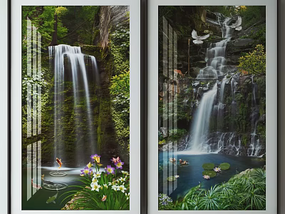 Scenic Landscape Painting With Waterfall Lush Greenery Flowers Birds And Ducks 3d model