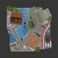 Vibrant Cartoon Scene With Colorful Houses Red Roofs Green Trees Blue Pond And Red Car