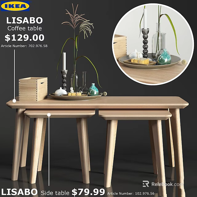 Wooden Coffee Table With Stools And Decorative Items On Top 3d model 