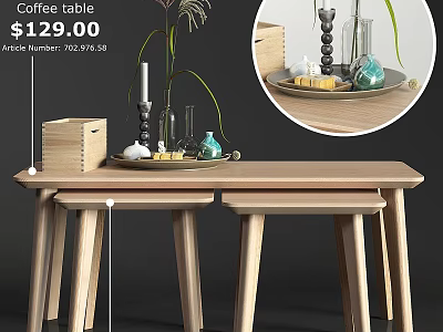 Wooden Coffee Table With Stools And Decorative Items On Top 3d model