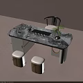 Modern Tea Table and Chairs with Marble Top Tea Set Small Plant and Stools 3d model