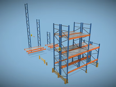 Industrial Metal Frame Storage Racks With Multi Tier Design Blue Uprights And Orange Shelves 3d model