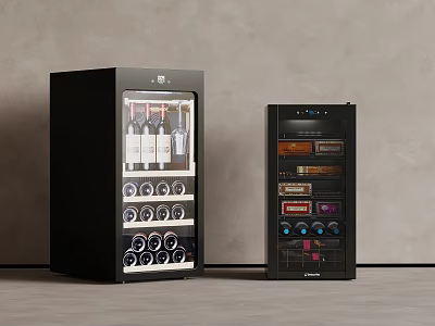 Black Wine Cooler And Cigar Cabinet With Glass Door And Storage Shelves 3d model