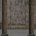 Natural Wood Playground Swing Between Two Posts With Textured Wall And Gray Floor